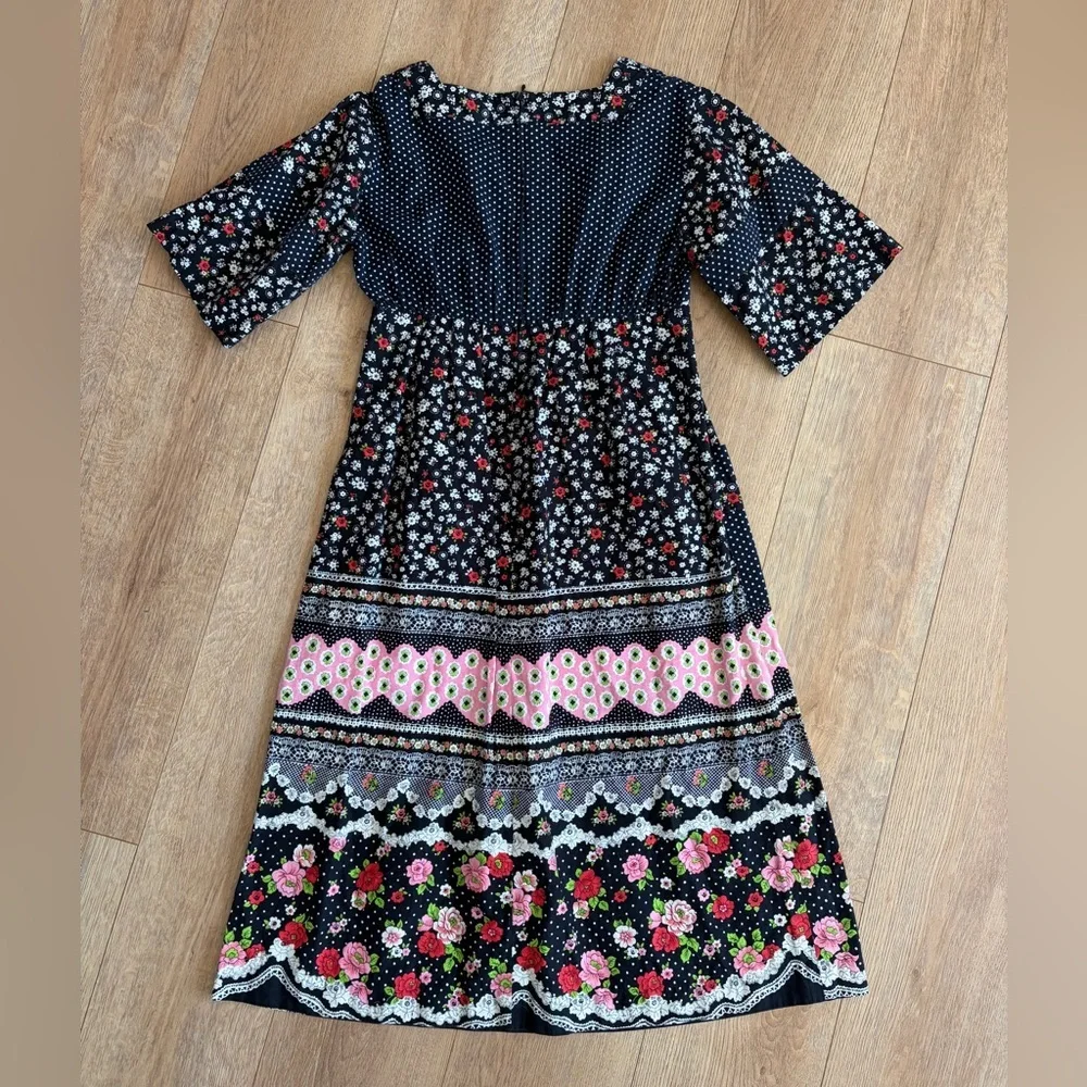 Vintage Prairie Floral Empire Waist Midi Dress Cottagecore Boho - Picture 2 of 8